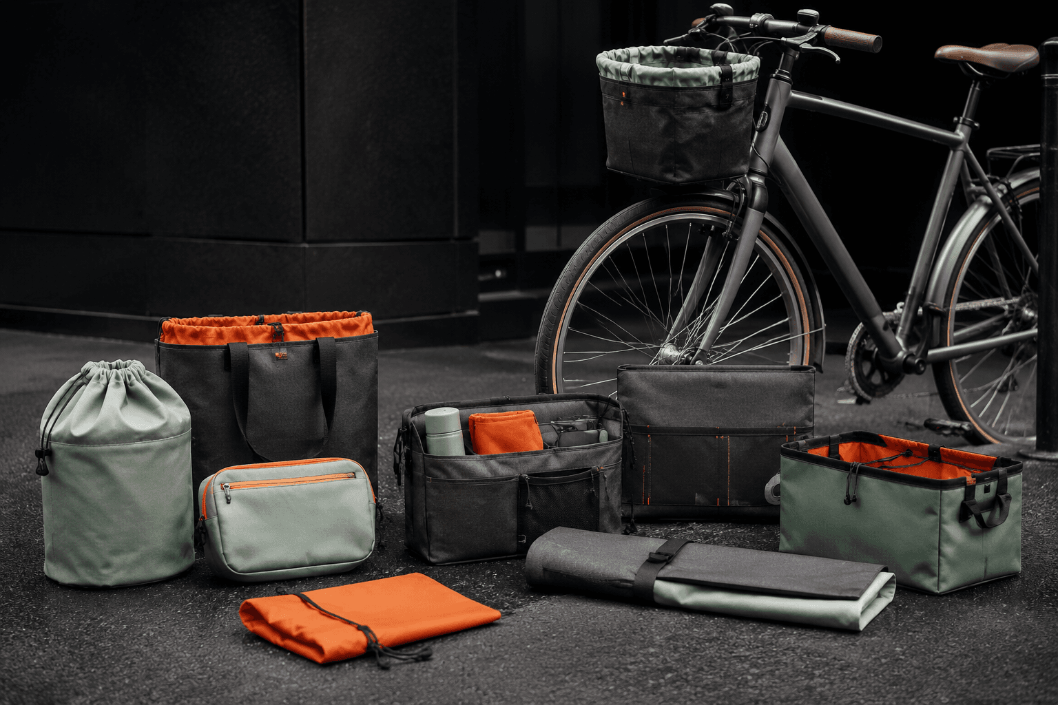 Urban bicycle commute carry accessories arranged beside a city bike